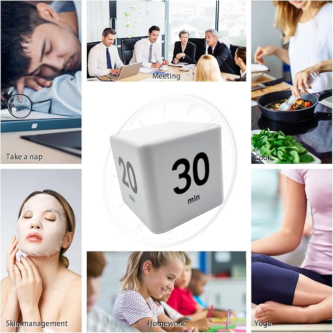 Kitchen Cube Timer, Kids Timer for ADHD Productivity Workout Flip Classroom for StudyTime Countdown Management Settings 15 20 30 60 Mins, White