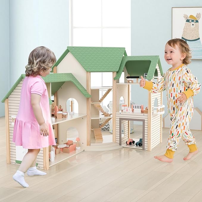 GLACER Wooden Dollhouse, Pretend House w/ 6 Rooms, 3 Storytelling, Ample Accessories, Stair & Door, Ideal Gift for Kids 3+ Years Old