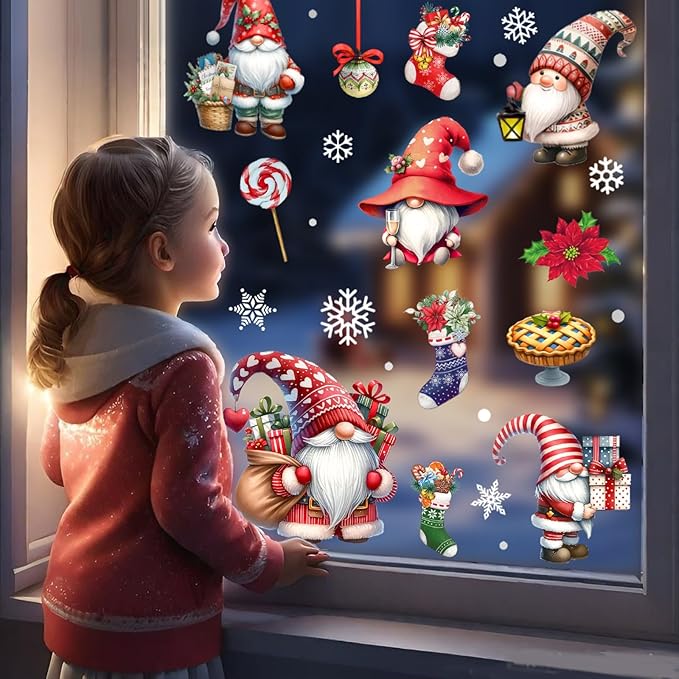 Christmas Window Clings, Gnome Window Stickers,Window Decals Snowflake, Gnome Christmas Truck, Home Decorations,Thanksgiving Xmas Gifts,Kitchen, Living Room, Bedroom Window Stickers