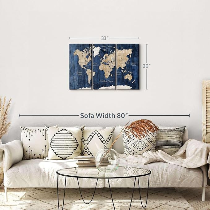 ElephantStock Aged Blue World Map II Canvas - 3 Panel Wall Decor - World Map Digital Art - Blue Wall Art - 33" X 20"