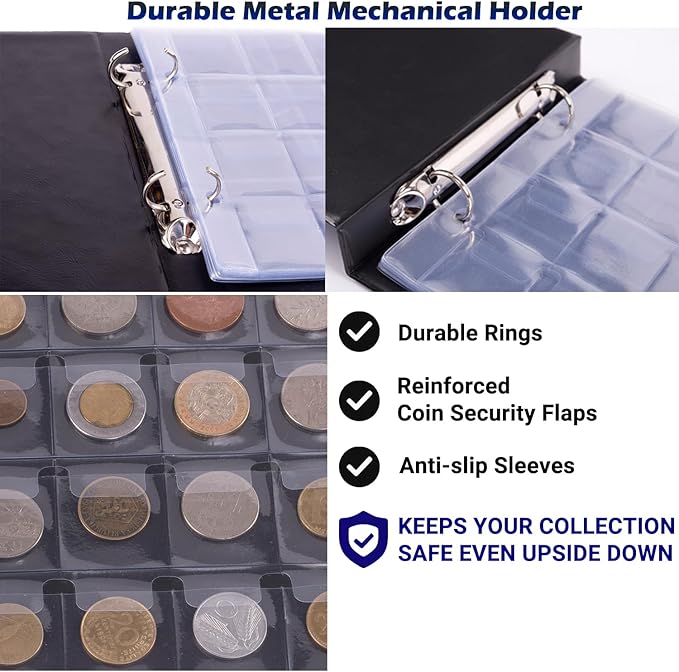 3in1 Coin Holder Album 180 Pockets - Paper Money Collection 10 Pockets - Large Storage Book for Collectors and Great for Gold Silver Dollars Dollar Bill Currency Quarters Penny Foreign Coins (Black)