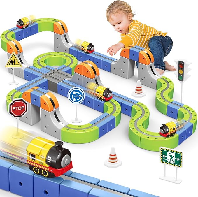 Magnetic Track Car Toys, 101PCS Flexible Race Car Track Sets for Toddlers with Electric Train, Traffic Signs, Kids Train Set Toys for 3 4 5 6 7 8 Year Old Boys Girls Birthday Party Gift-Large