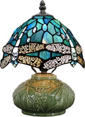 Small Tiffany Lamp Mushroom Table Lamp, Mini Stained Glass Desk Light Memory Sympathy Ceramic lamp 8X11 Inch (Sea Blue Dragonfly Style)