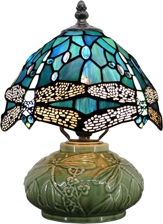 Small Tiffany Lamp Mushroom Table Lamp, Mini Stained Glass Desk Light Memory Sympathy Ceramic lamp 8X11 Inch (Sea Blue Dragonfly Style)