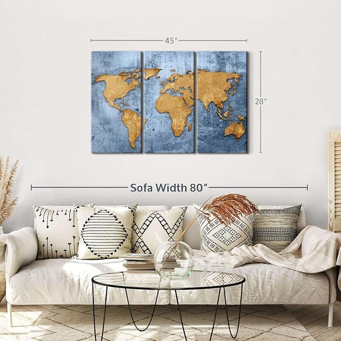 ElephantStock Azure World Map Wall Art Multi Piece Canvas - 3 Panel Wall Decor - Map of the World Art - Canvas for the Office and Home - 45" X 28"