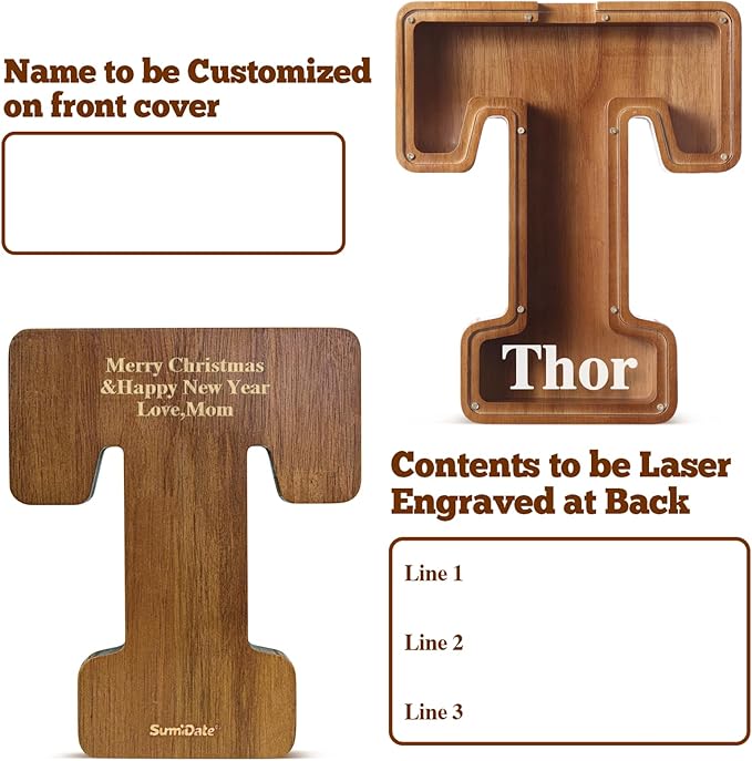 Summidate Customized Name Extra Large Wooden Piggy Bank for Kids Boys Girls Alphabets Letter A-Z Coins Bills Money Change Saving Box Clear Cover (Laser Engraved) Educational Toys 12"- Letter T
