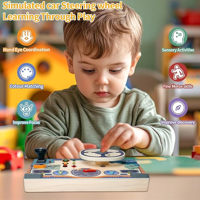Montessori Toddler Toys Busy Board with Led Light Interactive Wooden Dashboard Steering Wheel for 1 2 3 4 Year Old Sensory Toys Toddler Activities for Boys Girls Gift