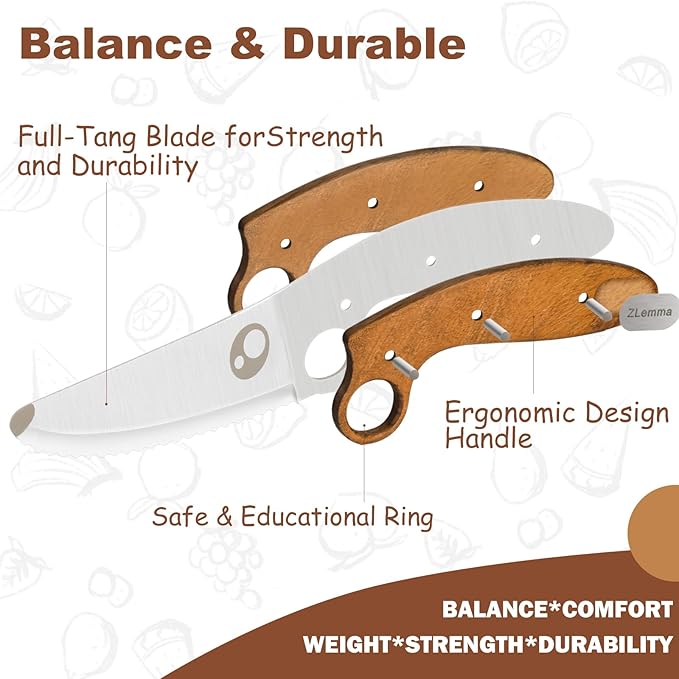 Kids Knife Set for Real Cooking with Educational Ring & Serrated Blade Edge & Panda Finger Guard 4-Pieces, Kids Chef Knife Set with Rosewood Handle Stainless Steel Blade For Starter Cutting Learning