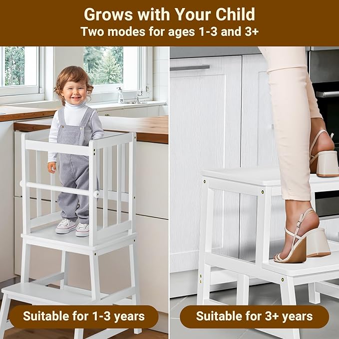 COSYLAND Kitchen Step Stool for Toddlers – Stable A-Frame Design Kids Standing Tower with Protective Crossbar – Wooden Learning Stool for Kitchen Island Counter, Bathroom (White)