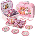 Cat Tea Party Set for Little Girls - 19pcs Pretend Play Toy, Birthday Gift for Toddlers Ages 3 4 5 6 Year Old, Includes Kitten Tin Tea Set, and Carrying Case - Ideal Stocking Stuffers for Kids