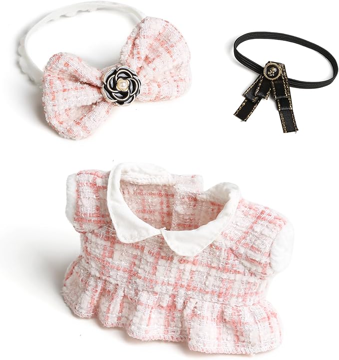 17cm Doll Clothes for Labubu - Luxury Chic Style Set for 17cm Dolls Outfit - Accessories for Dolls Clothes -Pink Plaid Tweed Dress + Black Necktie + Pink Bow (No Doll)
