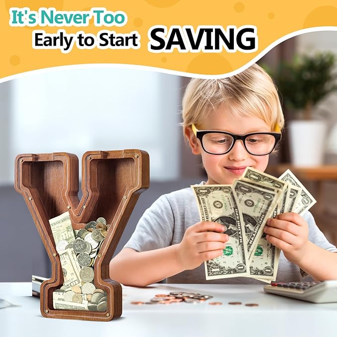 Summidate Customized Name Large Wooden Piggy Bank for Kids Boys Girls Alphabets Letter A-Z Coins Bills Money Change Bank Box Initial on Clear Cover (Laser Engraved) (Alphabet-Y, Personalized-12)