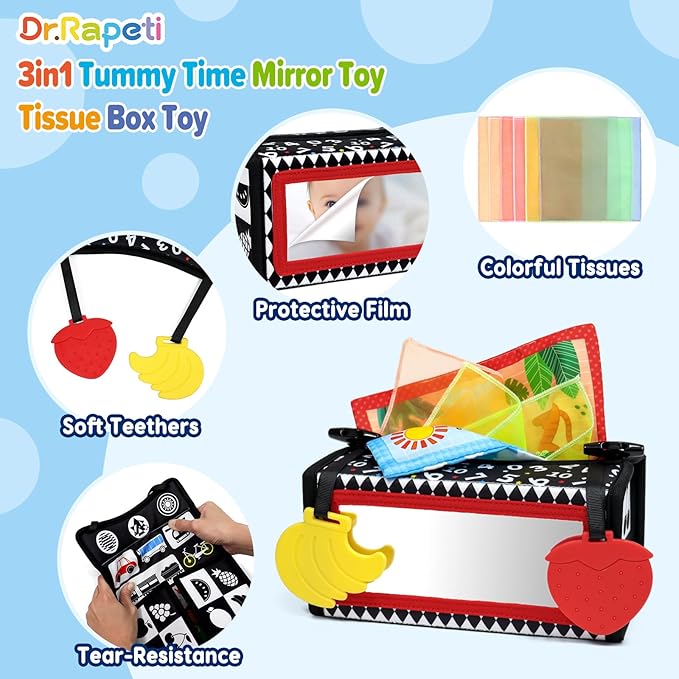Dr.Rapeti Tummy Time Mirror, Tissue Box Toy, 3in1 Black and White High Contrast, Double-Sided Foldable Sensory Montessori Toy, Crinkle Silk Scarves Teethers 0-6 6-12 Month Newborn Infant Baby