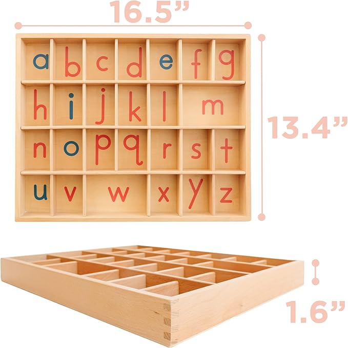 Movable Alphabet Montessori Wooden Letters - Moveable Alphabet With Box Mats - Lower Case for Writing, Reading, Spelling, and Language Learning Materials (Red and Blue)