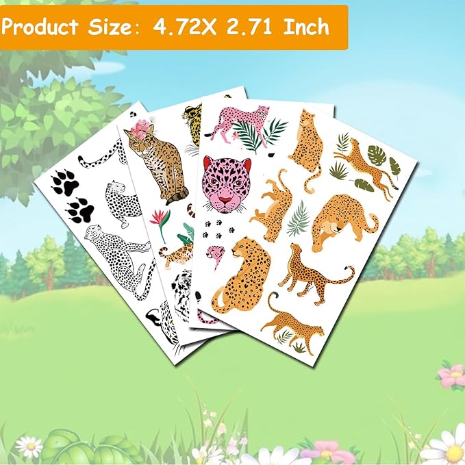 Cheetah Tattoos for Kids, 10 Sheets Cheetah Jungle Animal Theme Temporary Tattoos for Boys Cheetah Birthday Party Supplies Gifts Decoration