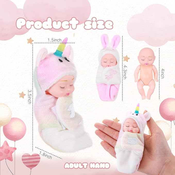 Hanaive 4 Pcs 4 Inch Mini Baby Dolls Lifelike Realistic Baby Dolls Animal Clothes Cute Tiny Gifts for Kids Birthday Party(Kawaii Style)
