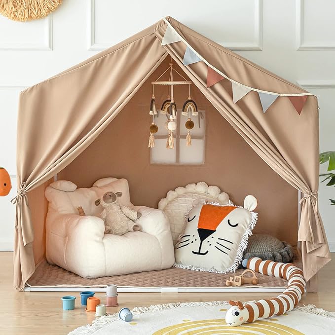 Kids Play Tent with Mat, Large Playhouse Tent Indoor, Kids Castle Tent for Girls Boys, Play Cottage (Khaki)