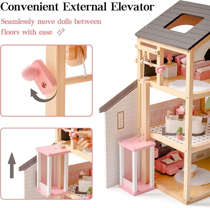 ROBOTIME Wooden Dollhouse, Doll House with 29 Pieces Furniture Set - Pool and Elevator, Wooden Doll House for 4, 5, 6-Inch Dolls, 6 Rooms Pink Dollhouse Gift for Kids Girls Ages 3+ (Black)