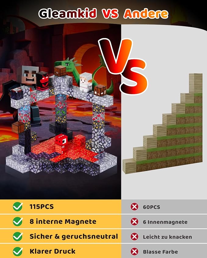 115PCS Magnetic Blocks - Building Toys for Boys Girls 3+, with 20 Unique Patterns, Lava Rivers, Volcanoes, & Dragons, STEM Sensory Toys for Kids Boys Girls Ages 3 4 5 6 7 8 9 Birthday Gifts