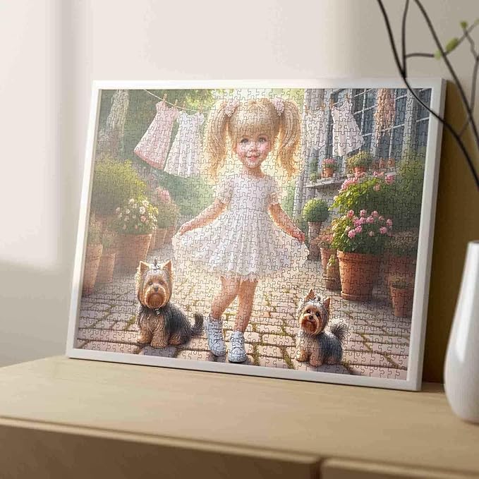 Tucocoo 1000 Piece Jigsaw Puzzle for Adults, Cute Girl with Yorkie Dogs in Flower Garden – Whimsical Courtyard, Vintage Aesthetic Puzzle for Relaxation, Family Games DIY Crafts Puzzles Wall Art Gifts
