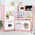 Kinder King Wooden Kids Play Kitchen, Toy Kitchen Playset for Toddler, Play Kitchen Set w/Transparent Coloring Board, Pretend Fridge, Washing Machine, Ice Maker, Gift for Boys Girls Age 3+, Pink