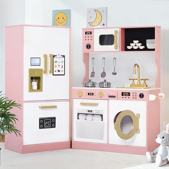 Kinder King Wooden Kids Play Kitchen, Toy Kitchen Playset for Toddler, Play Kitchen Set w/Transparent Coloring Board, Pretend Fridge, Washing Machine, Ice Maker, Gift for Boys Girls Age 3+, Pink
