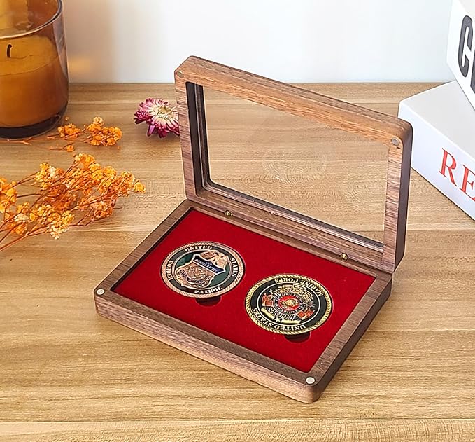Challenge Coin Display Case Single Coin Display Box Two 1.81" Coin Holder Walnut Wood Coin Box Silver Dollar Coins Storage Box, Coins for Collectors with DIY Adjustable Gasket (Red 1.8")