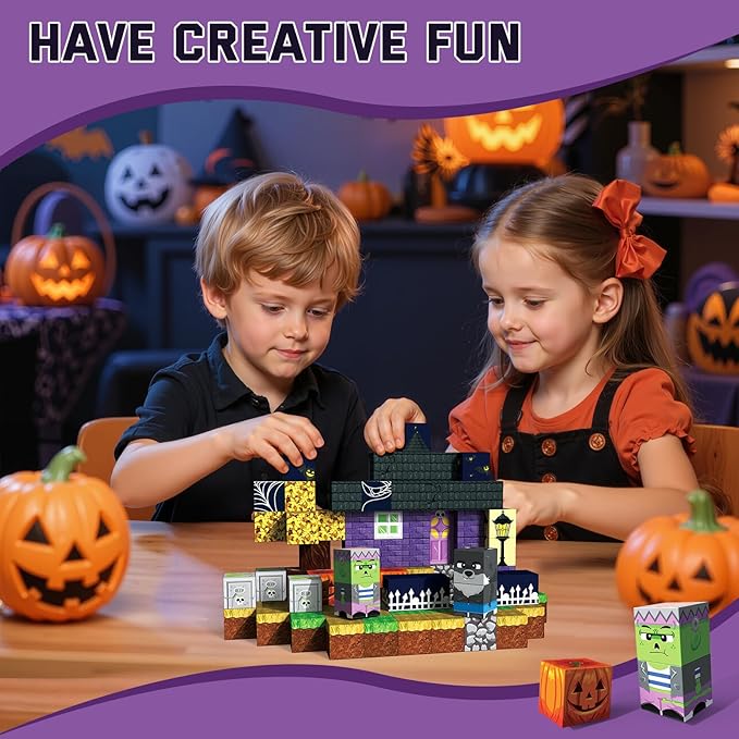 Halloween Magnetic Blocks 100 Pieces for Kids, Magnetic Tiles 3D Sensory Construction Building Dog Pumpkin, Magnet Cubes Stacking Toys Games for Toddlers Boys Girls Ages 3+