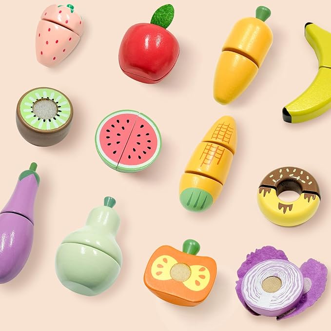 WHOHOLL Play Food Set for Play Kitchen Accessories, Wooden Toys Food Pretend Cutting Food with Apron, Montessori Velcro Fruit and Veggies for Toddlers 3+ Years Old Girls Boys
