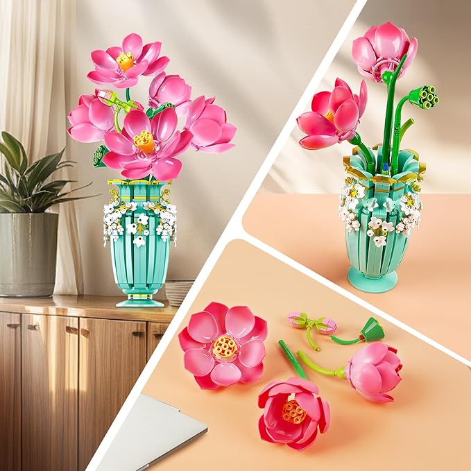 Flower Bouquet Building Set with Vase - 711 PCS Artificial Flower Building Block Toy, Fake Indoor Flower for Home Office Decor Table Display, Christmas Anniversary Birthday Gifts for Adults Women