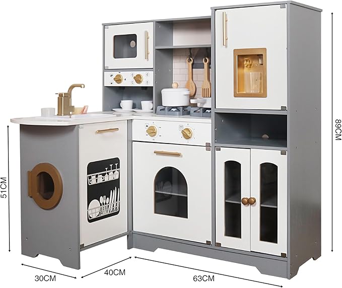 Large Wooden Corner Toy Kitchen Playsets with Real Running Water, 2 in 1 Water Dispenser with Ice Maker, Play Stove with Light and Sounds for Toddlers, Preschoolers, Children Age 3+ Years