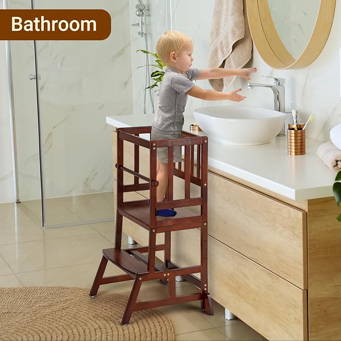 COSYLAND Toddler Standing Tower - Adjustable Height Toddler Kitchen Stool Helper - Kids Kitchen Step Stool for Learning with Removable Safety Railing Brown