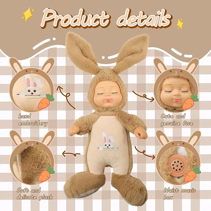 Plush Animal Toys,Interactive Singing Plush Rabbit Doll,14in soft plush closed eye sleeping newborn baby doll,with interactive music box that sings,removable hat.suitable for children aged 3+.