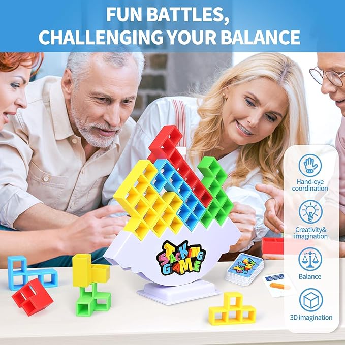 48PCS Stack Game for Adult & Kids, Tetra Board Tower Games for Family Travel Party, 2 Players Balance Stacking Toy, Team Toys Building Block