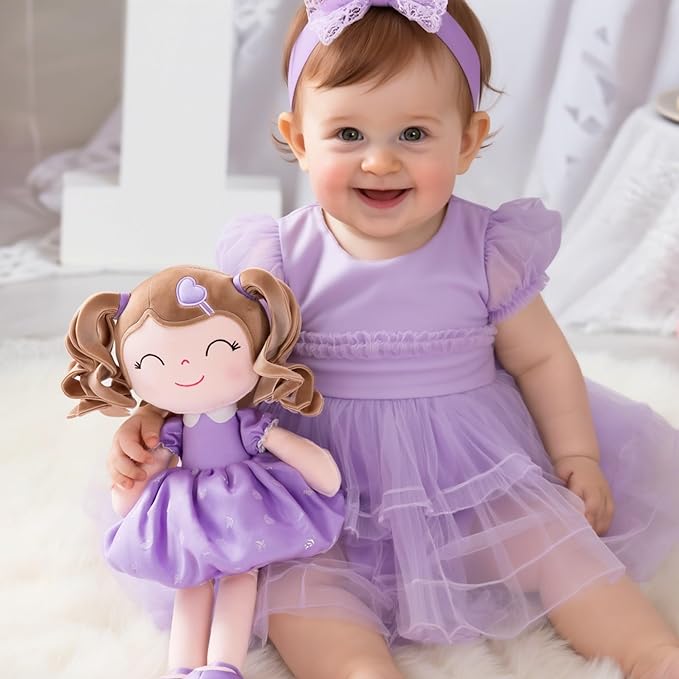 Gloveleya Baby Doll Gifts Plush Curly Girl Toys with Love 16" Purple Light Skin