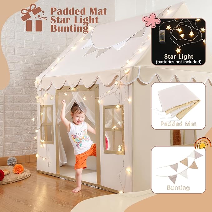Kids Play Tent with Non-Slip Mat, Star String, Decorating Flag, Machine Washable Large Playhouse, Indoor and Outdoor Play Tent for Kids, Cream, 47" x 40" x 52"