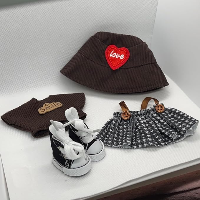 Clothes for 17cm Doll (Clothes Only) – 4-Piece Set with Brown Hat, T-Shirt, Dress, and Canvas Shoes for a Cute and Stylish Look – Fashion Handmade Accessories for 17cm Doll