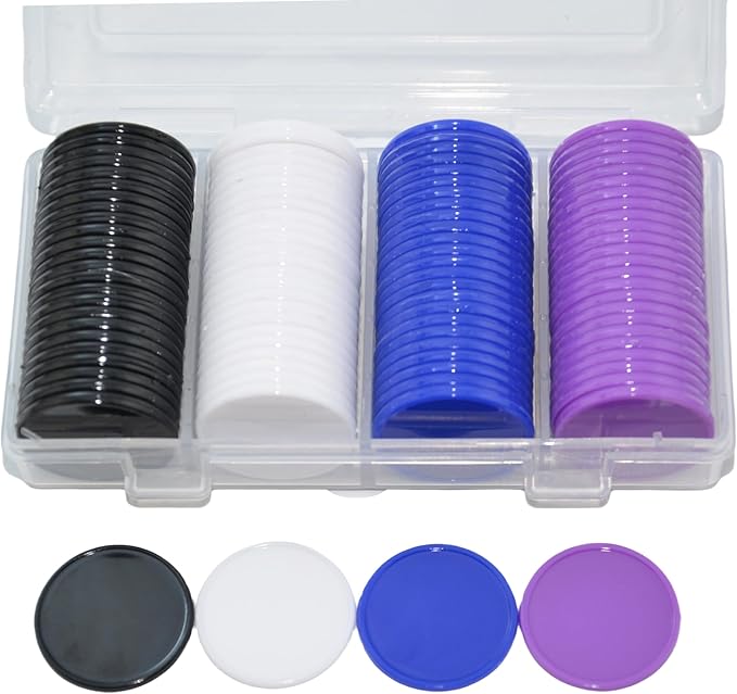 Smartdealspro Set of 100 1 Inch Opaque Plastic Learning Counters Mini Poker Chips Game Tokens with Storage Box (4 Color-Black,White,Blue,Purple)