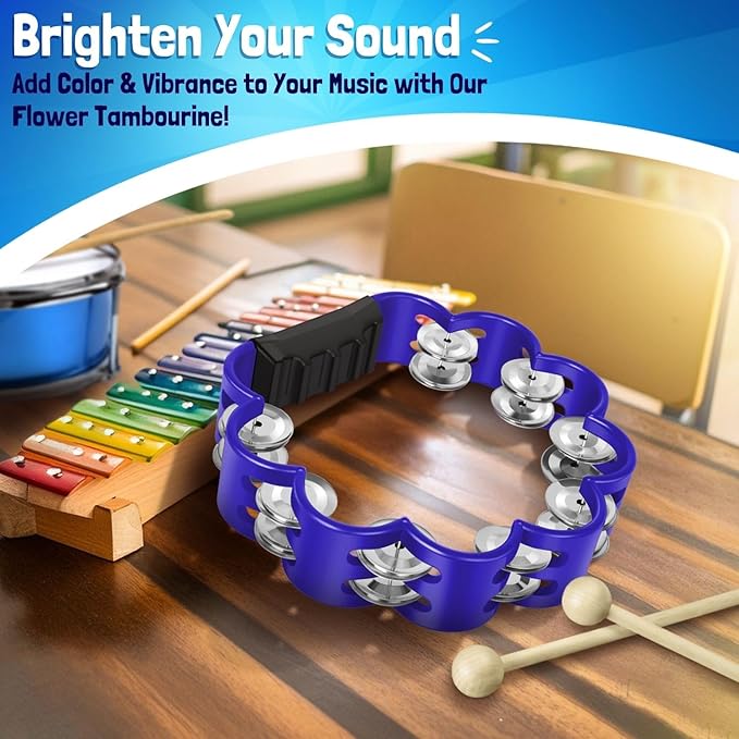 Flexzion Flower Tambourine - 8 Inch Handheld Percussion Instrument w/Metal Jingles & Ergonomic Grip - Small Tambourines for Adults, Kids, Church, Parties, & Musical Events (Blue)