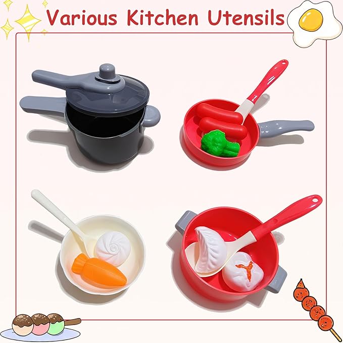 Kids Kitchen Toy Accessories, 61PCS Toddler Pretend Cooking Play Pots, Kitchen Playset, Play Pots, Pans, Utensils Cookware Toys, Play Food Set, Vegetables, Learning Gift for Girls Boys (Red)