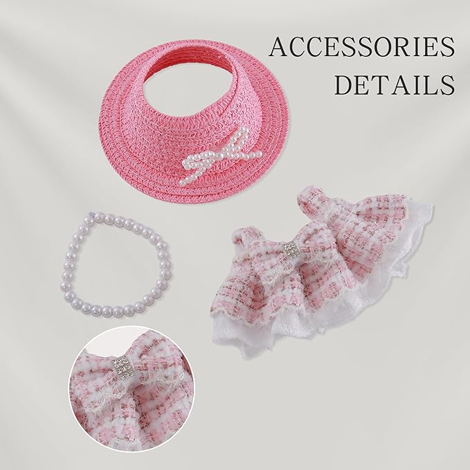 3PCS Pink Doll Outfit Set – Pink Dress, Straw Hat & Flower Necklace – 17cm Doll Clothes and Accessories – Clothes Set for Plush Figures – Only Accessories