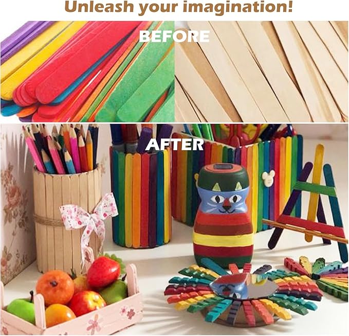 100 Piece Multicolor Jumbo Wooden Craft Sticks (6" x 3/4"), Large Popsicle Sticks for Waxing, Craft Project,Tongue Depressor,DIY Classroom Crafts,Woodcraft (Wood, Rainbow)