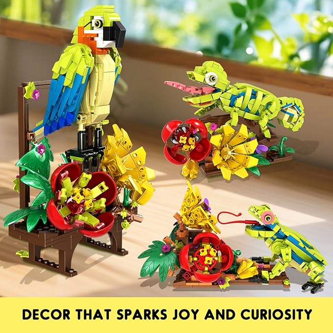 HOGOKIDS 3 in 1 Flowers Frog Parrot Lizard Building Set - Botanical & Animals Figures Building Toy for Home Office Art Decor Display Transforms Model Learning Gift for Adults Kids Boys Girls(672PCS)