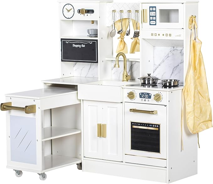 Kids Play Kitchen with Removable Cart, Wooden Toddler Kitchen Playset with Oven, Stove, Sink, Coffee Maker, Pretend Play Toy Kitchen Set for Children Boys Girls Ages 3