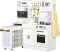 Kids Play Kitchen with Removable Cart, Wooden Toddler Kitchen Playset with Oven, Stove, Sink, Coffee Maker, Pretend Play Toy Kitchen Set for Children Boys Girls Ages 3