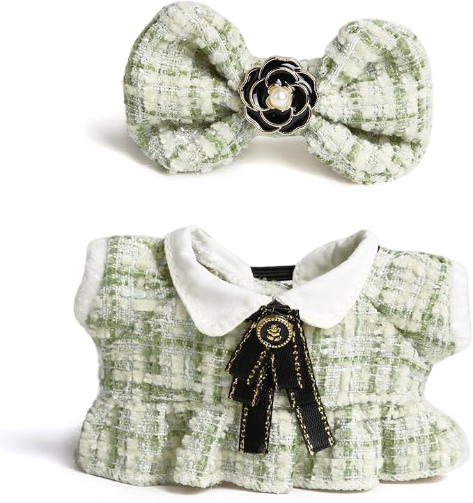 17cm Doll Clothes for Labubu- Luxury Chic Style Set for 17cm Dolls Outfit - Accessories for Dolls Clothes -Green Plaid Tweed Dress + Black Necktie + Green Bow (No Doll)