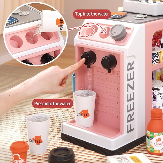 48-Piece Pretend Play Cash Register Toy Set for Kids with Water Outlet Function - Calculator, Shopping Bag, Scanners, Coffee Machine, Play Food - Gift for Boys and Girls Ages 3+（Pink）
