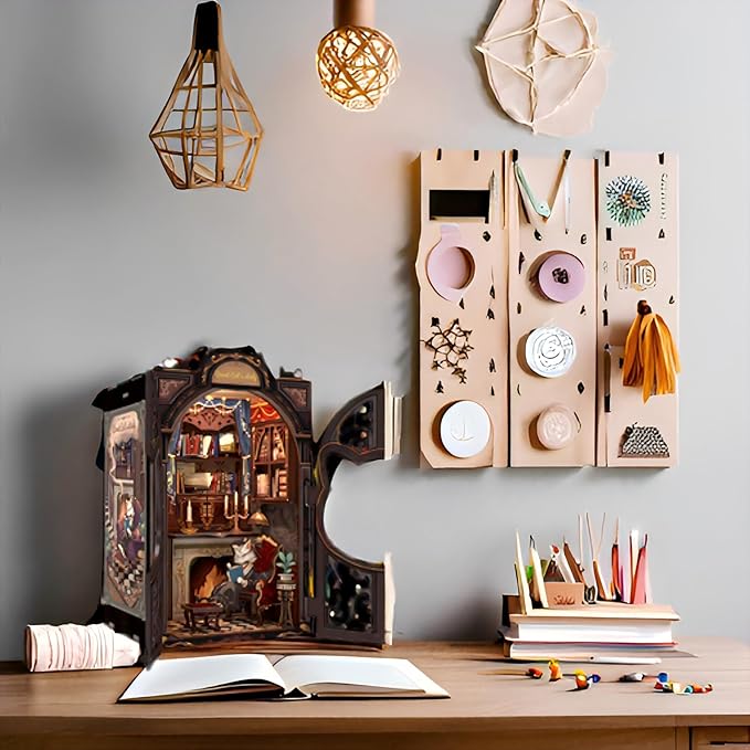 Fsolis Book Nook Kit DIY Scene Miniature Dollhouse Kit, 3D Puzzles for Adults, 108 Wooden Pieces, Bookshelf Decor Tiny House Mini Booknook Craft, Gift for Women Scale Model Lovers (Count Cat's Study)