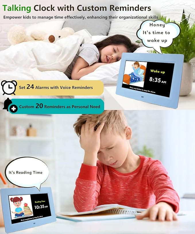 Véfaîî Digital Teaching Clock Talking Time, 24 Alarms Custom Reminders, Checklist to-Do List, Auto DST & Calendar Display, Sleep Trainer, Easy to Use for Kids Birthday Gift- Blue with Remote