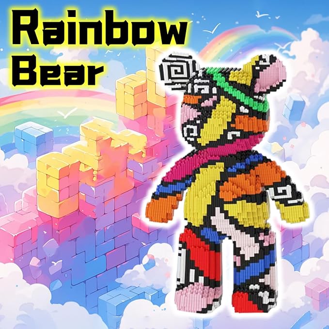 Rainbow Graffiti Bear Micro Building Blocks Set(18.5inches) Animal Winktoys Blocks Bear Building Blocks Gift for Adult and Kid